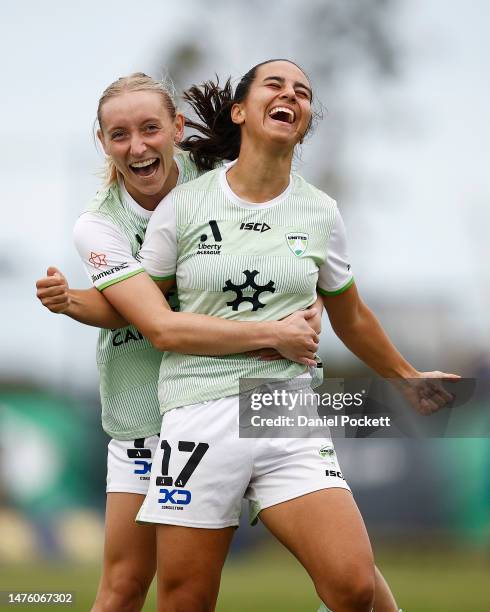 Vesna Milivojevic of Canberra United celebrates scoring a goal during the round 19 A-League Women's match between Western United and Canberra United...