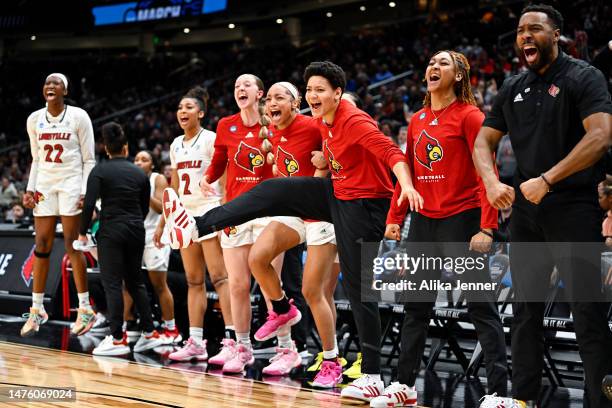 The Louisville Cardinals bench reacts during the fourth quarter of the game against the Ole Miss Rebels in the Sweet 16 round of the NCAA Women's...