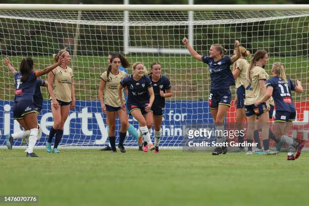 Marisa van der Meer of the Phoenix celebrates a goal with teammates during the round 19 A-League Women's match between Newcastle Jets and Wellington...