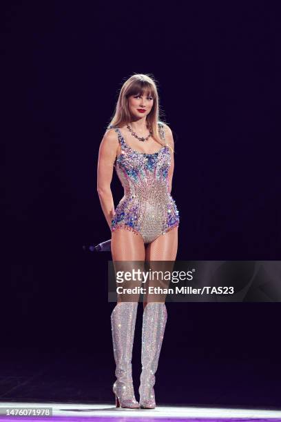 Taylor Swift performs onstage during the "Taylor Swift | The Eras Tour" at Allegiant Stadium on March 24, 2023 in Las Vegas, Nevada.