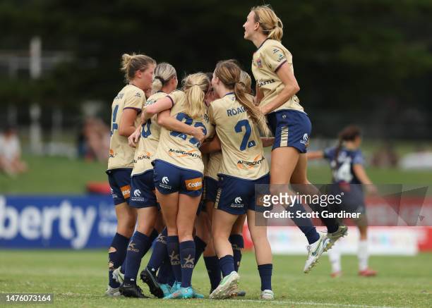 Lauren Allan of the Jets celebrates a goal with teammatesduring the round 19 A-League Women's match between Newcastle Jets and Wellington Phoenix at...