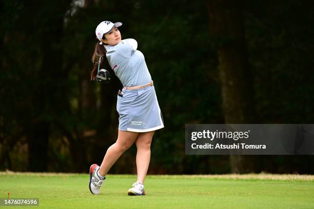 Miyuu Abe of Japan hits her tee shot on the 11th hole during the second round of AXA Ladies Golf Tournament in Miyazaki at UMK County Club on March...