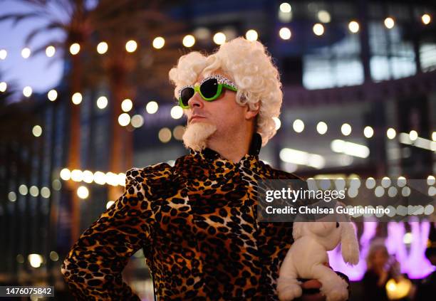 Cosplayer dressed as Jacobim Mugatu from "Zoolander" poses at WonderCon 2023 at Anaheim Convention Center on March 24, 2023 in Anaheim, California.