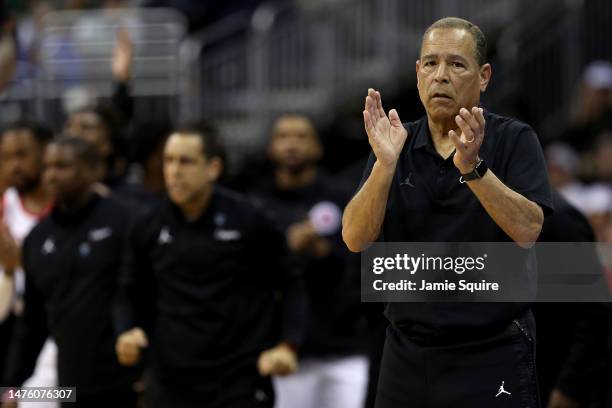 Head coach Kelvin Sampson of the Houston Cougars reacts to a play against the Miami Hurricanes during the second half in the Sweet 16 round of the...