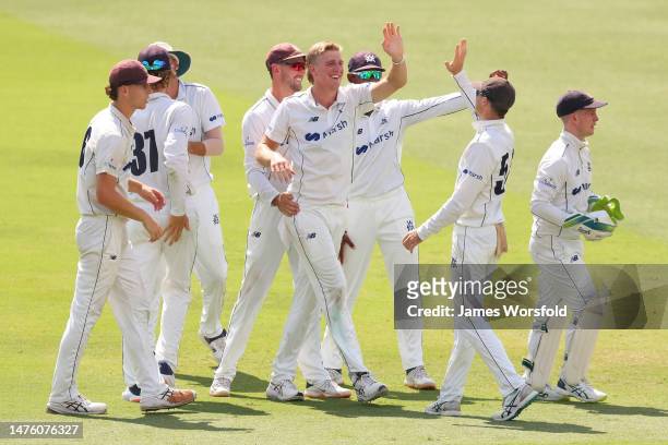 Will Sutherland of Victoria celebrates his 5th wicket of the innings during the Sheffield Shield Final match between Western Australia and Victoria...