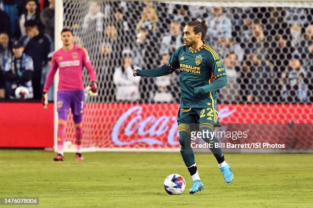 Martin Caceres of LA Galaxy with the ball during a game between Los Angeles Galaxy and Sporting Kansas City at Children's Mercy Park on March 11,...