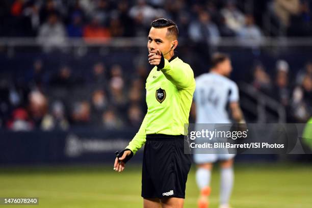 Referee Armando Villarreal during a game between Los Angeles Galaxy and Sporting Kansas City at Children's Mercy Park on March 11, 2023 in Kansas...