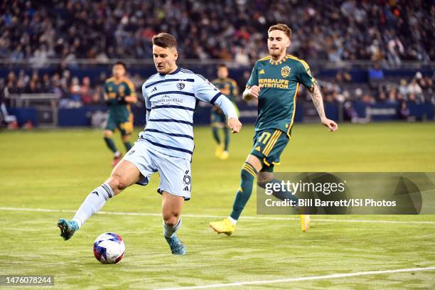 Nemanja Radoja of Sporting Kansas City with the ball during a game between Los Angeles Galaxy and Sporting Kansas City at Children's Mercy Park on...