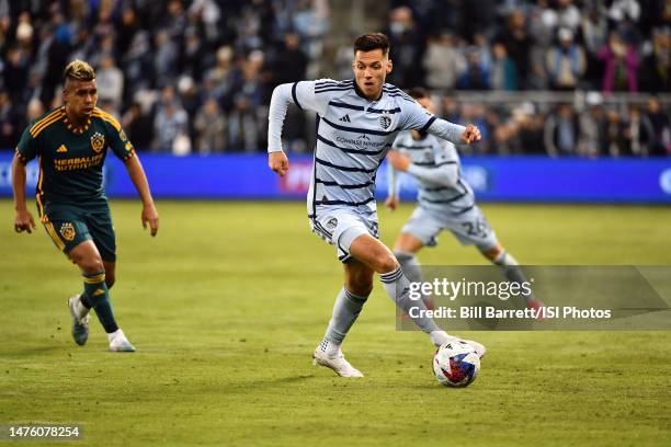 Daniel Salloi of Sporting Kansas City with the ball during a game between Los Angeles Galaxy and Sporting Kansas City at Children's Mercy Park on...