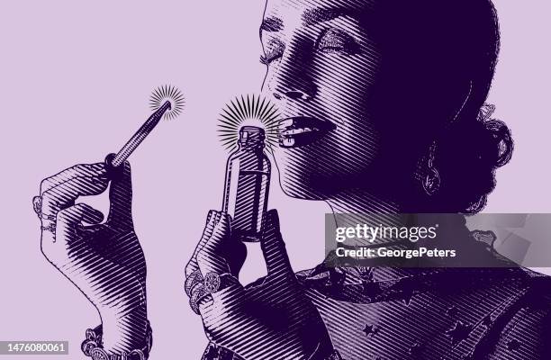 beautiful woman, essential oil and pipette - cannabis oil stock illustrations