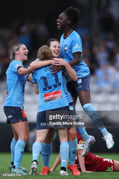 Natalie Tobin of Sydney FC celebrates with teammates after scoring a goal during the round 19 A-League Women's match between Sydney FC and Adelaide...