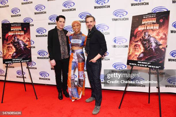 David Dastmalchian, Tati Gabrielle and Christopher Gorham attend the photo call for "Batman: The Doom That Came to Gotham" at WonderCon 2023 at...