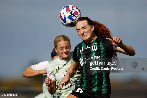 Hannah Keane of Western United heads the ball during the round 19 A-League Women's match between Western United and Canberra United at City Vista...