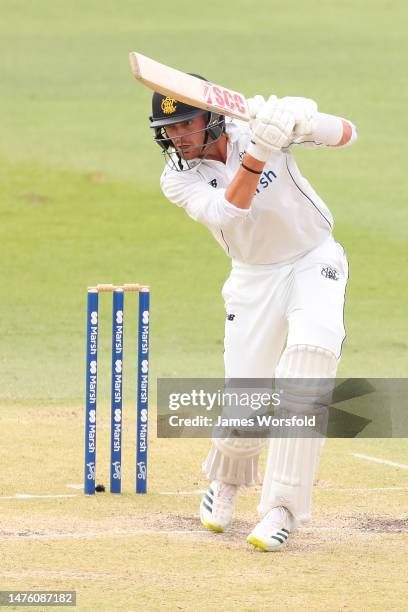 Corey Rocchiccioli of Western Australia plays a shot down the ground during the Sheffield Shield Final match between Western Australia and Victoria...
