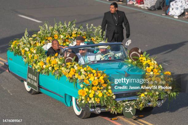 The Rose Bowl Hall of Fame vehicle travels down Colorado Blvd. In front of spectators at 134th Tournament of Roses Parade presented by Honda on...