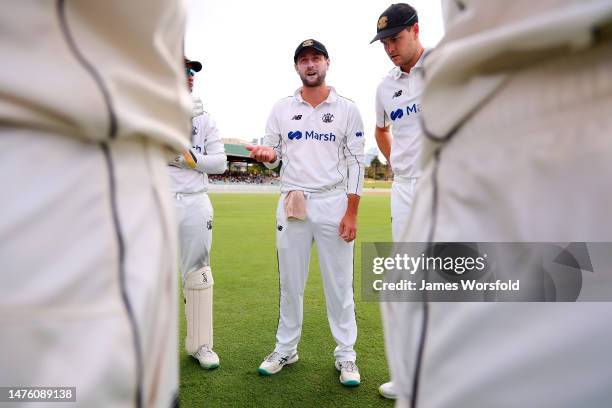 Sam Whiteman of Western Australia talks to the team before they walk out during the Sheffield Shield Final match between Western Australia and...