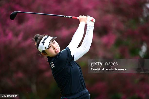 Miyuu Yamashita of Japan hits her tee shot on the 16th hole during the second round of AXA Ladies Golf Tournament in Miyazaki at UMK County Club on...