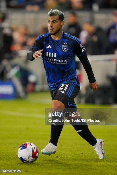 Miguel Trauco of the San Jose Earthquakes advances the ball during a game between Vancouver Whitecaps and San Jose Earthquakes at PayPal Park on...