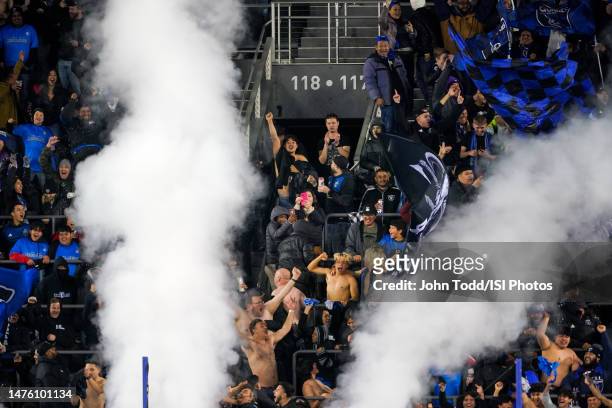 San Jose Earthquakes fans celebrate a goal during a game between Vancouver Whitecaps and San Jose Earthquakes at PayPal Park on March 4, 2023 in San...