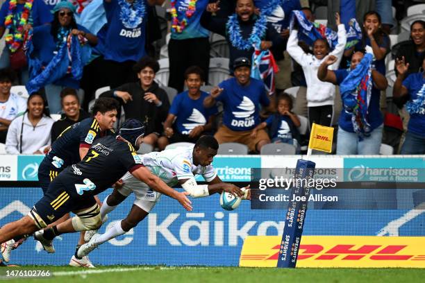 Taniela Rakuro of the Drua scores a try during the round five Super Rugby Pacific match between Highlanders and Fijian Drua at Forsyth Barr Stadium,...