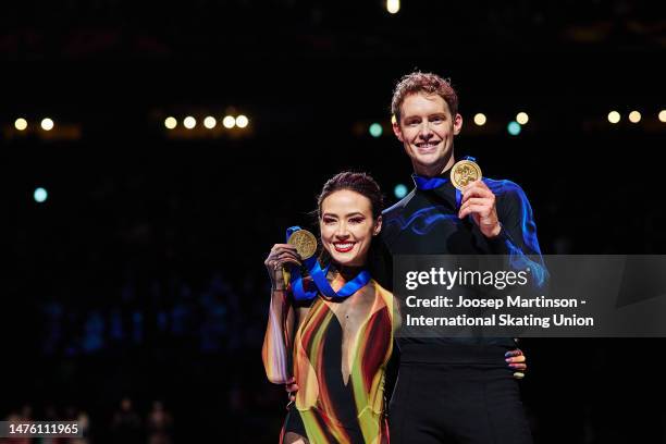 Madison Chock and Evan Bates of the United States pose in the Ice Dance medal ceremony during the ISU World Figure Skating Championships at Saitama...