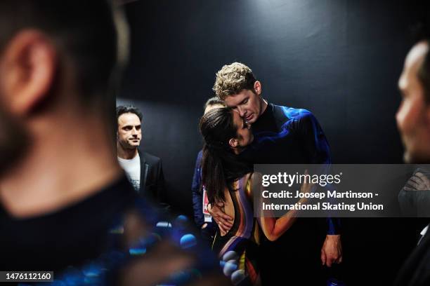 Madison Chock and Evan Bates of the United States prepare ahead of the Ice Dance Free Dance during the ISU World Figure Skating Championships at...