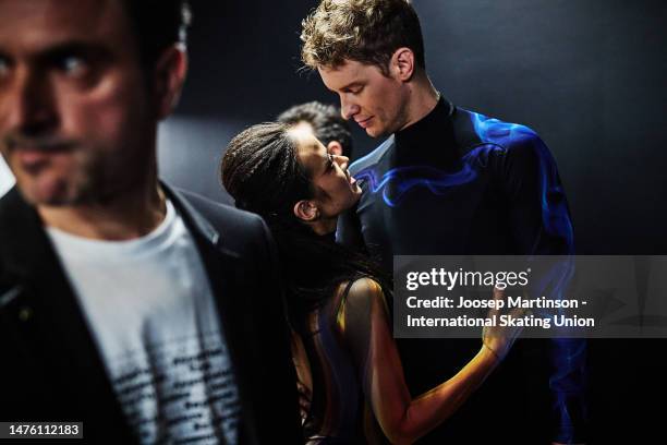 Madison Chock and Evan Bates of the United States prepare ahead of the Ice Dance Free Dance during the ISU World Figure Skating Championships at...