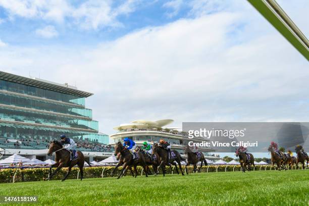 Ben Melham riding What You Need winning Race 6, the Sunlight Classic, during Melbourne Racing at Flemington Racecourse on March 25, 2023 in...
