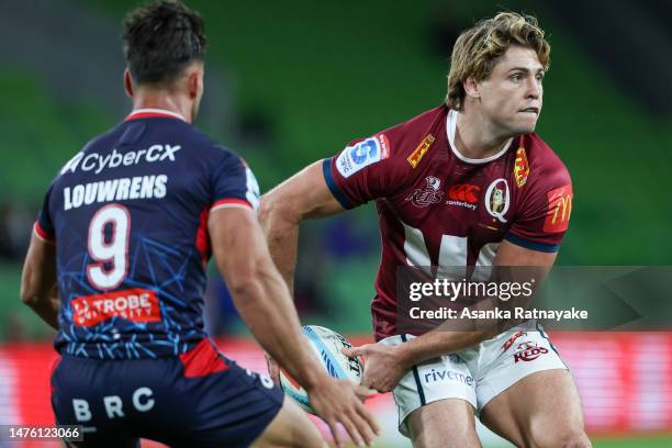 James O’Connor of the Reds passes the ball during the round five Super Rugby Pacific match between Melbourne Rebels and Queensland Reds at AAMI Park,...