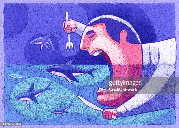 man gonna eat shark stock illustration - breakfast cartoon stock-grafiken, -clipart, -cartoons und -symbole