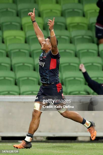 Vaiolini Ekuasi of the Rebels celebrates scoring a try during the round five Super Rugby Pacific match between Melbourne Rebels and Queensland Reds...