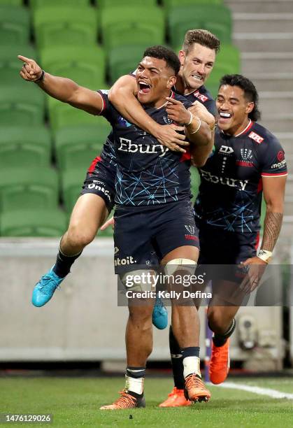 Vaiolini Ekuasi of the Rebels celebrates scoring a try during the round five Super Rugby Pacific match between Melbourne Rebels and Queensland Reds...