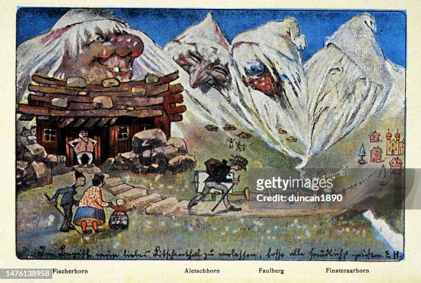 swiss postcard, mountains depicted as people, fischerhorn, alestschhorn, faulberg, finsteraarhorn, jugendstil art nouveau, 19th century art - st gallen stock illustrations