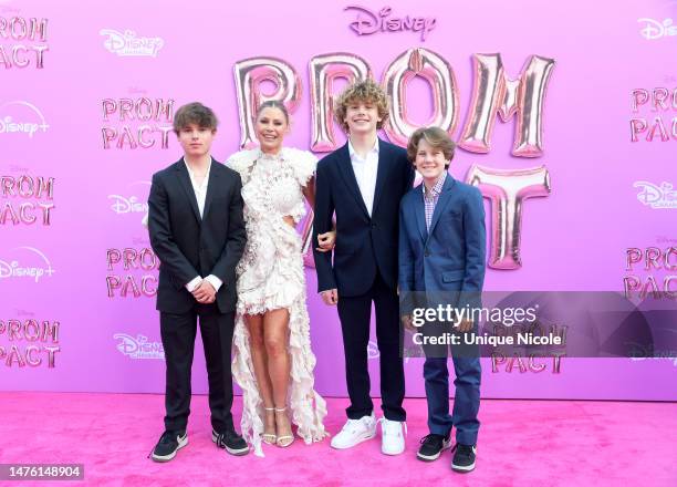 Bryce Hall, Julie Bowen, Oliver McLanahan Phillips and Gustav Phillips attend the Red Carpet Premiere Event For Disney Original Movie "Prom Pact" at...