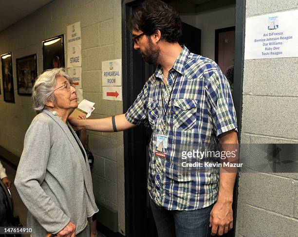 *Exclusive* Tao Rodriguez-Seeger and grandmother Toshi-Aline Ohta backstage at the Clearwater benefit concert celebrating Pete Seeger's 90th birthday...