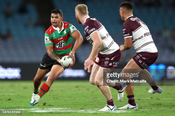 Latrell Mitchell of the Rabbitohs in action during the round four NRL match between South Sydney Rabbitohs and Manly Sea Eagles at Accor Stadium on...