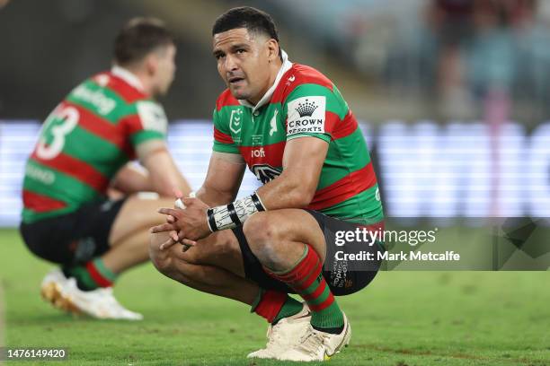 Cody Walker of the Rabbitohs looks on during the round four NRL match between South Sydney Rabbitohs and Manly Sea Eagles at Accor Stadium on March...