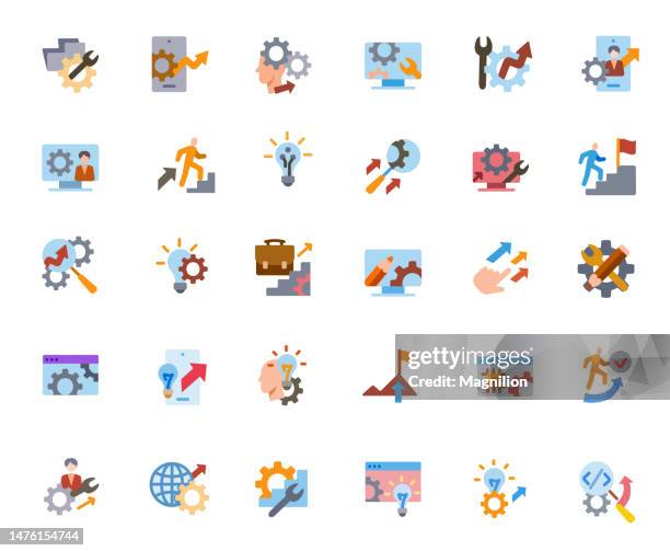 development flat icons set - software developer collaboration stock illustrations