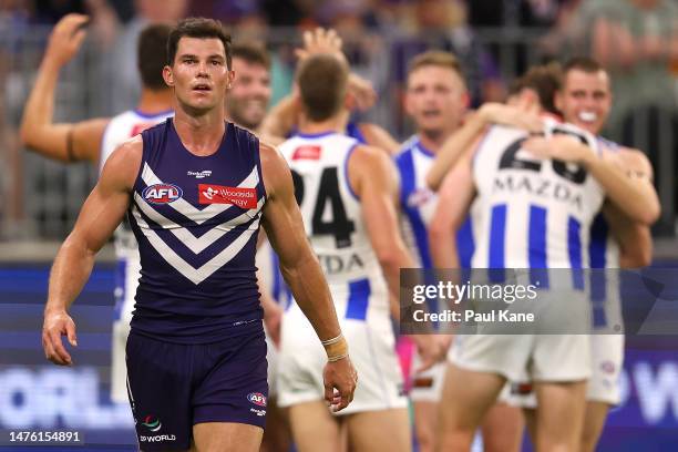 Jaeger O'Meara of the Dockers looks on after being defeated during the round 2 AFL match between the Fremantle Dockers and North Melbourne Kangaroos...