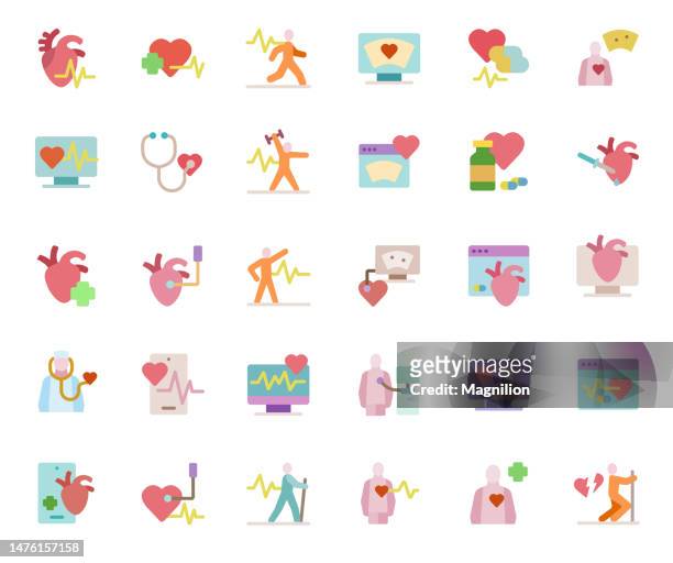 kardiologie, herzgesundheit flat icons set - listening to heartbeat stock-grafiken, -clipart, -cartoons und -symbole