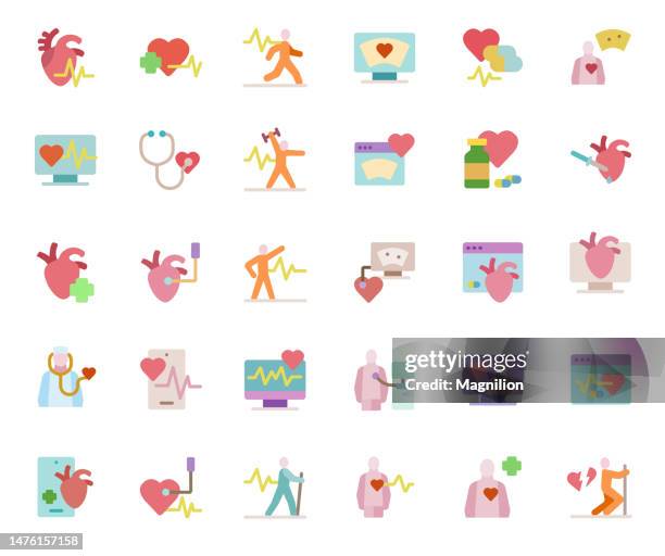 cardiology, heart health flat icons set - defibrillator stock illustrations