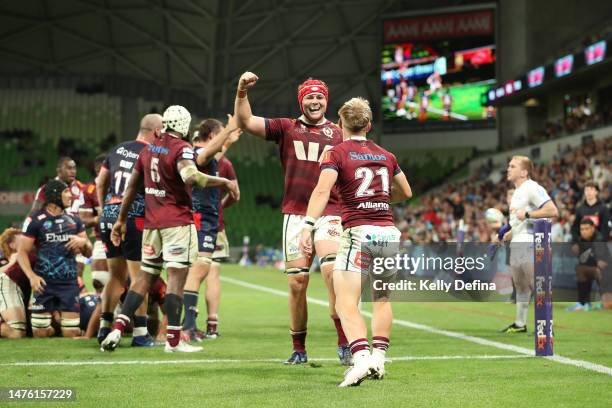 Tate McDermott of the Reds cross the line but the try is disallowed during the round five Super Rugby Pacific match between Melbourne Rebels and...