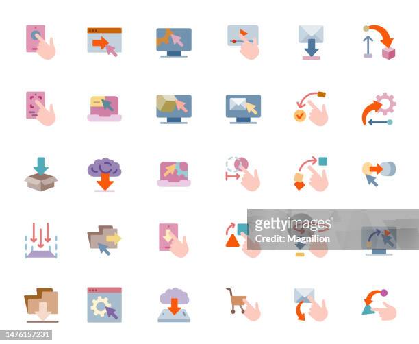 ilustraciones, imágenes clip art, dibujos animados e iconos de stock de conjunto de iconos planos de elementos de interacción - e mail help