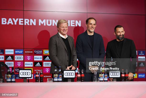 Oliver Kahn CEO of FC Bayern Munich and newly signed head coach Thomas Tuchel of Bayern Munich and Hasan Salihamidzic Sporting Director Bayern Munich...