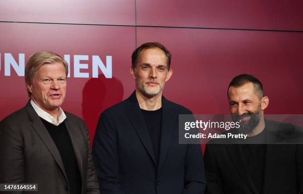 Oliver Kahn CEO of FC Bayern Munich and newly signed head coach Thomas Tuchel of Bayern Munich and Hasan Salihamidzic Sporting Director Bayern Munich...