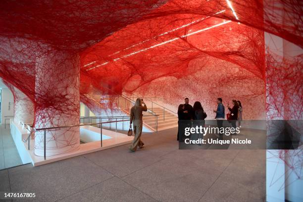 General view of installation by Japanese artist Chiharu Shiota entitled 'The Network' Press Preview Of Transformed Hammer Museum at Hammer Museum on...