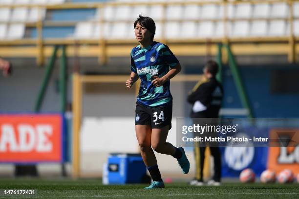 Mana Mihashi of FC Internazionale Women warms up before the Women Serie A match between FC Internazionale Women and Juventus Women at Stadio Breda in...