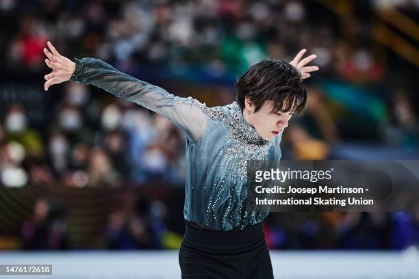 Shoma Uno of Japan competes in the Men's Free Skating during the ISU World Figure Skating Championships at Saitama Super Arena on March 25, 2023 in...