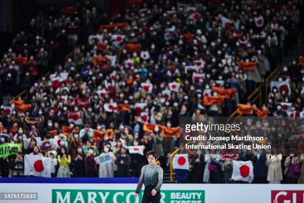 Shoma Uno of Japan reacts in the Men's Free Skating during the ISU World Figure Skating Championships at Saitama Super Arena on March 25, 2023 in...