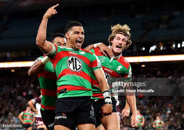 Cody Walker of the Rabbitohs celebrates scoring a try wth team mates during the round four NRL match between South Sydney Rabbitohs and Manly Sea...